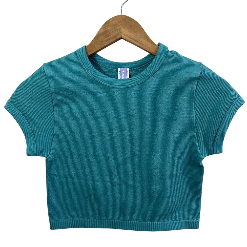 Florence by Mills Ribbed Crop Top Teal Blue Size L Women Short Sleeve Crew Neck
